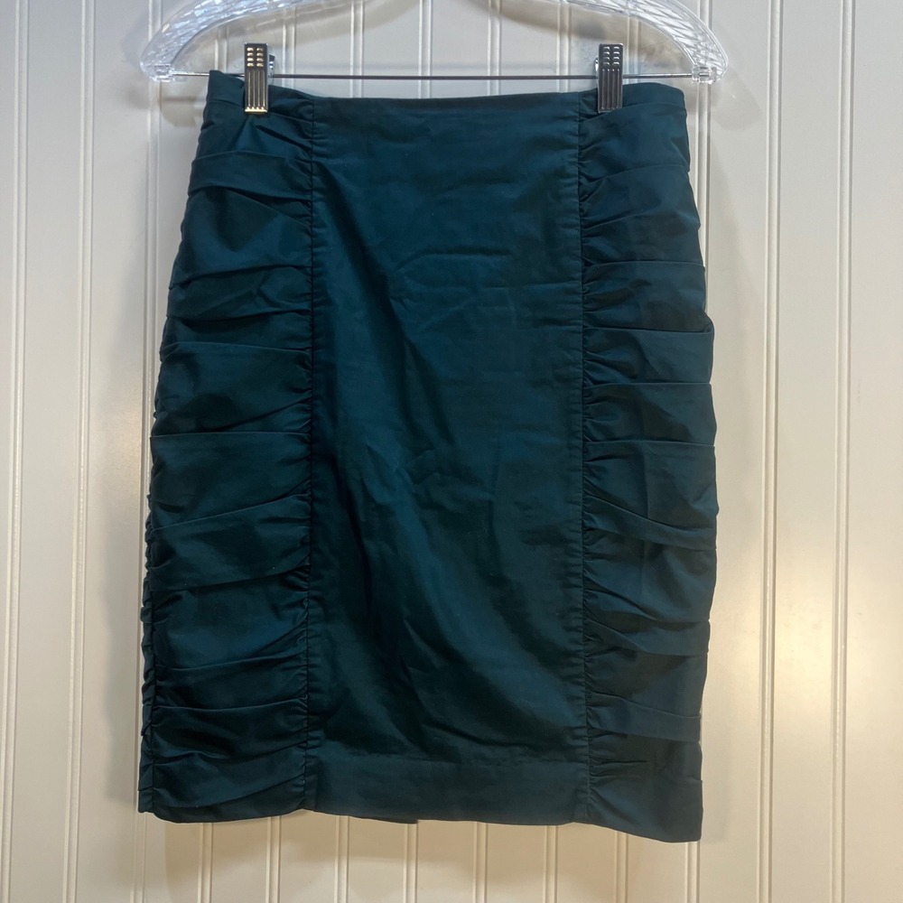 Cartonnier Anthropologie Teal Green Sway Ruched Pencil Skirt Size 0 Cotton Blend